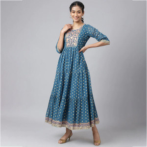 Blue Ethnic Motifs Maxi Dress